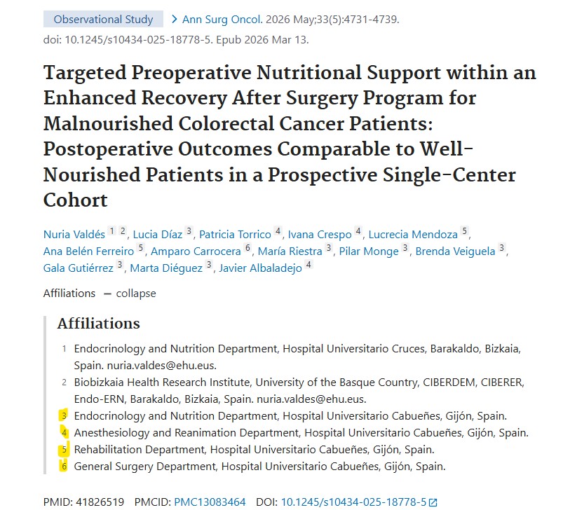 BibliotecasCAHU's tweet image. El @CAHU3Oriente  participa en esta publicación: el soporte nutricional preoperatorio en pacientes con cáncer colorrectal desnutridos logra resultados postoperatorios equiparables a los bien nutridos ✅

DOI: 10.1245/s10434-025-18778-5

#ERAS #Nutrición #CáncerColorrectal