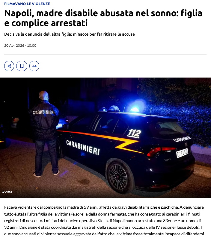 riktroiani's tweet image. Faceva violentare dal compagno la madre di 59 anni, affetta da gravi disabilità fisiche e psichiche. 

Scene riprese con il telefono dalla stessa 33enne. Filmati che mostrano momenti di paura e umiliazione.

A denunciare tutto è stata l'altra figlia della  vittima (e sorella