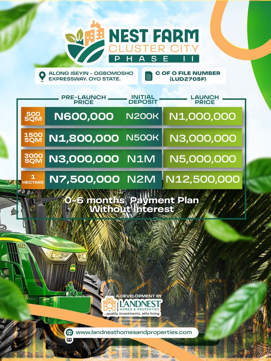 LandnestOfficia's tweet photo. Nest Farm Cluster City Phase II is here, and it’s coming with even more value.

Now with a registered C of O file number - LUD2705F. 
You’re not just buying land, you’re securing peace of mind with verified documentation in place. https://t.co/69LPrIZf7o