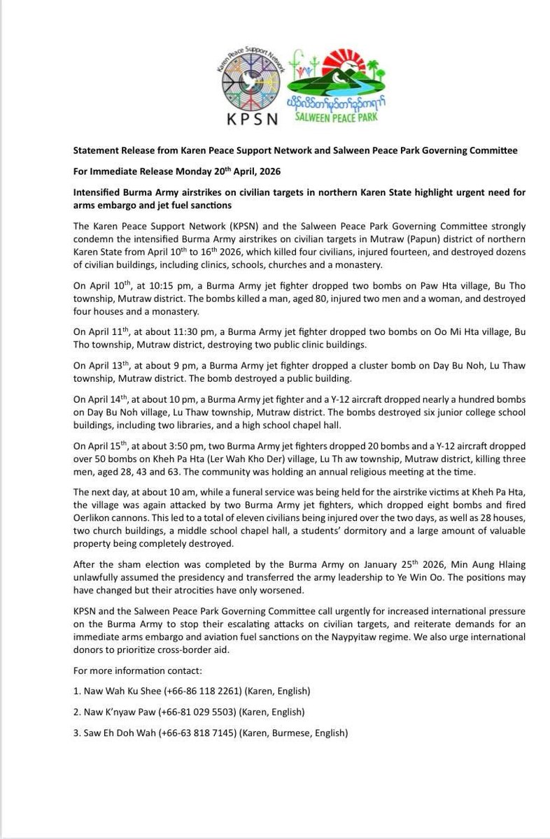 zoyaphan's tweet photo. The @KPSN19 and Salween Peace Park strongly condemn the intensified Burma Army airstrikes on civilian targets in Mutraw District, which killed four civilians, injured fourteen, and destroyed houses, clinics, schools, churches and a monastery.

https://t.co/GgBnSjgWt9 https://t.co/lnUTroFBpq