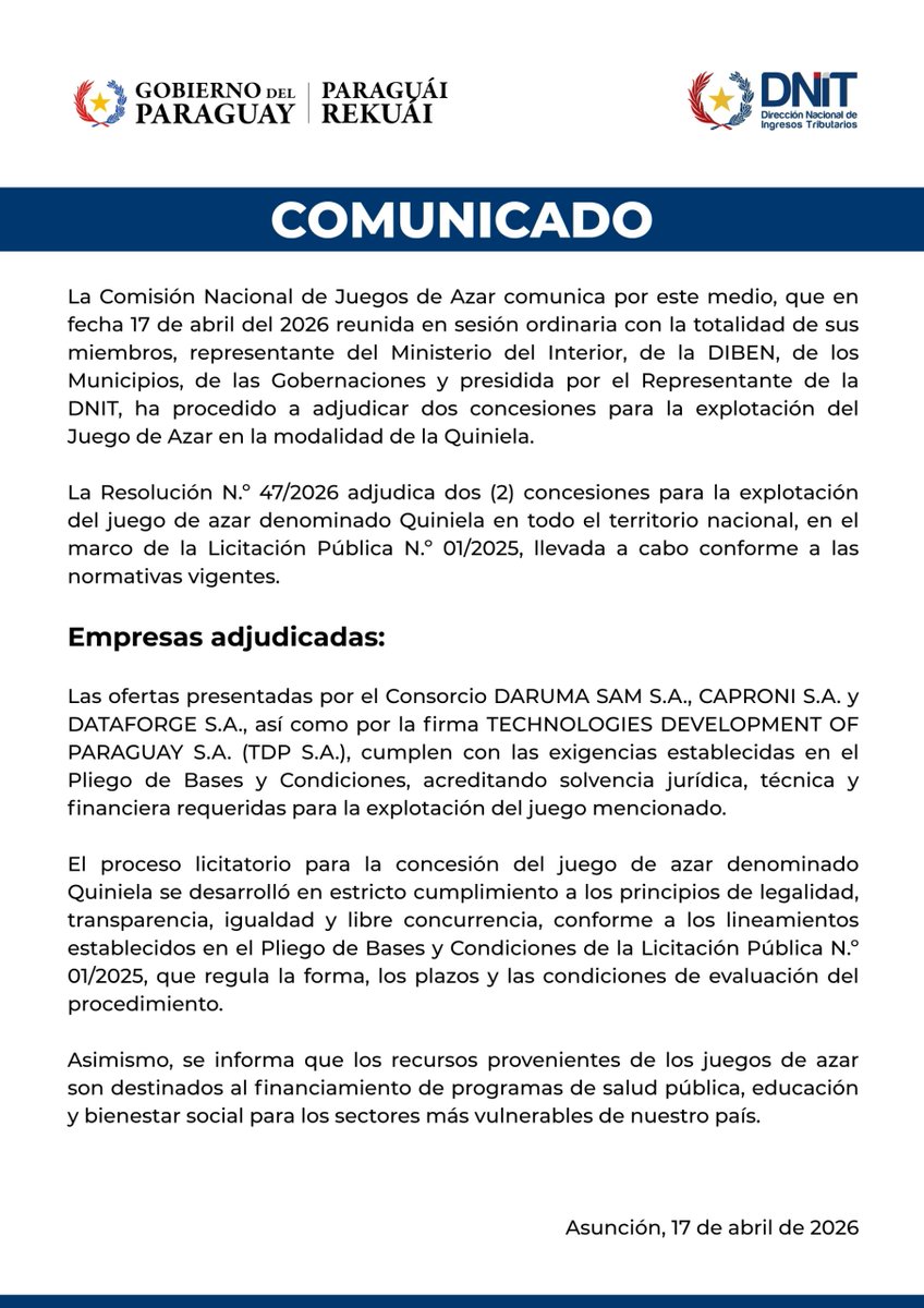 📢 Comunicado de la Comisión Nacional de Juegos de Azar.