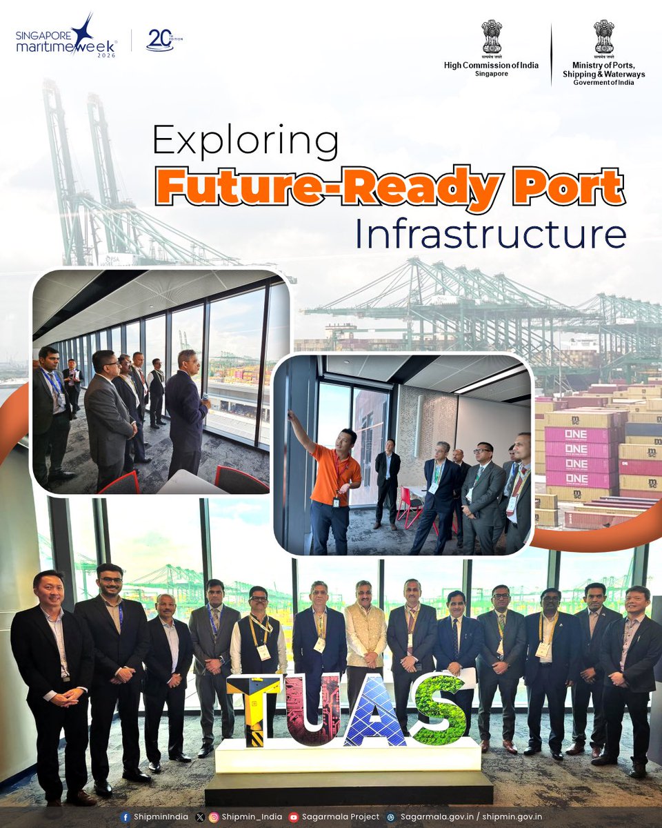 shipmin_india's tweet photo. On the sidelines of Singapore Maritime Week 2026, Dr. Shilpak Ambule, High Commissioner of India to Singapore, Shri Vijay Kumar, IAS, Secretary, Ministry of Ports, Shipping and Waterways, along with the Indian delegation, visited Tuas Port among the world’s largest and most advanced automated container ports.

The visit offered valuable insights into next-generation port operations, with Tuas Port showcasing cutting-edge automation, digital integration, and smart logistics. Such engagements reinforce India’s commitment to adopting global best practices and accelerating the transformation towards efficient, future-ready ports under the vision of Viksit Bharat.

@HCI_Singapore 

#MaritimeIndia #IndiaafSMW26 #FuturePorts #Singapore