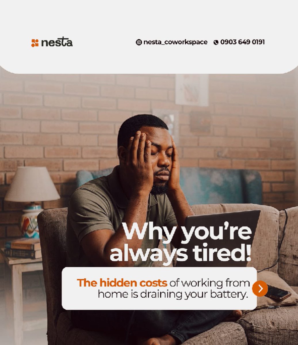 Nesta_WorkSpace's tweet image. Working from home is "free" until you factor in the cost of chronic back pain, noisy neighbors, and the panic of a power cut mid-meeting.

#IbadanCoWorkspace
#RemoteWorkers
#NestaCoWorkspace
#Nesta