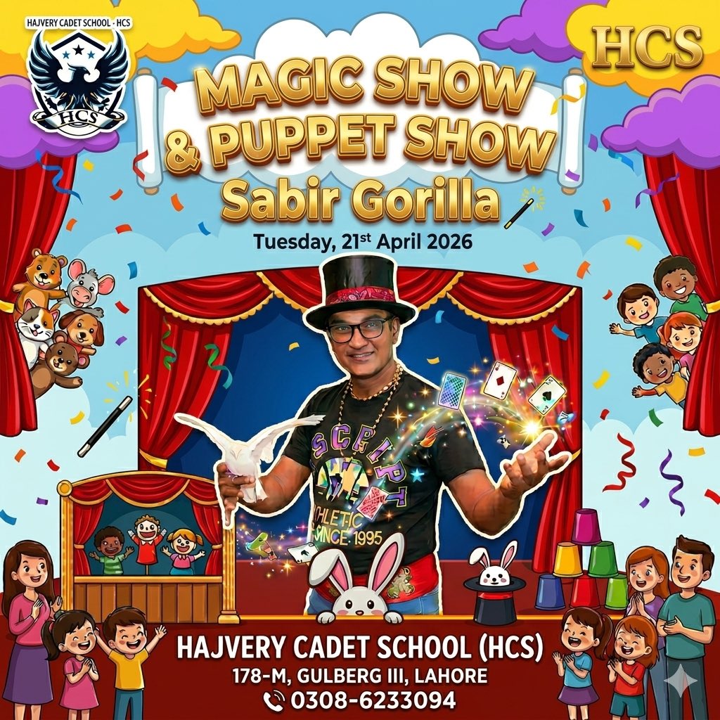hajveryschool's tweet photo. 🎪✨ Magic Show &amp; Puppet Show! ✨🎪

Hajvery Cadet School (HCS) proudly presents a fun-filled and exciting event for kids and families! 🎭

🪄 Featuring the amazing international magician Sabir Gorilla, who will amaze everyone with incredible magic performances! https://t.co/vLnOmeg5vX