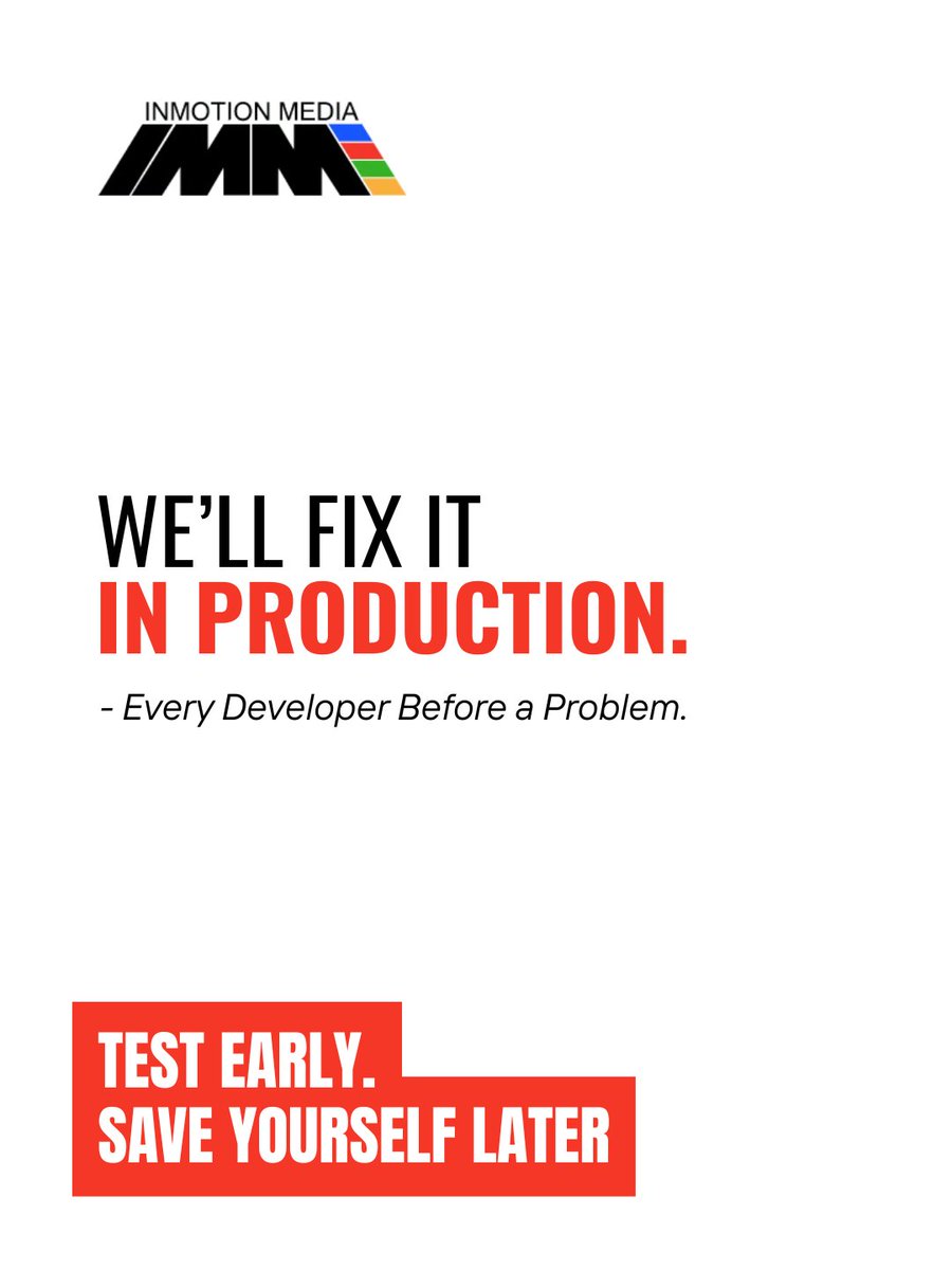inmotionmm's tweet image. We’ll fix it in production 😅

Famous last words before chaos.

A little testing today
saves a LOT of stress tomorrow.

Build smart. Test early. Ship better. 🚀

#MondayMotivation #TechHumor #DevelopersLife #CodingLife #StartupLife #WebDevelopment #SoftwareDevelopment