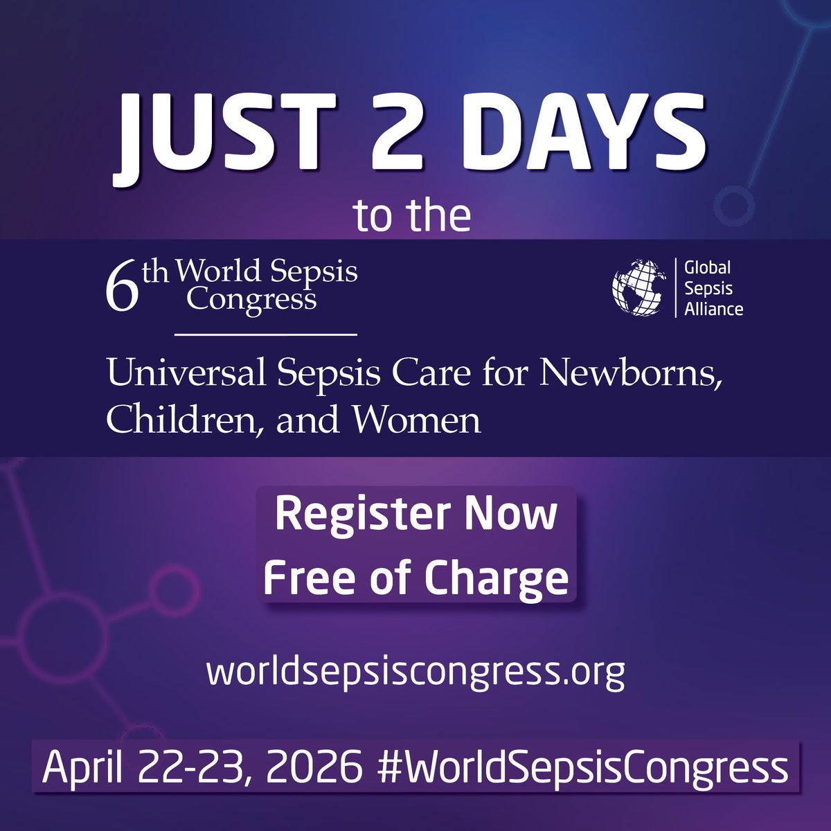 WorldSepsisDay's tweet image. 🚨 Only 2 days to go!

The countdown is almost over: the 6th #WorldSepsisCongress starts this week.

Be part of a global gathering focused on advancing universal sepsis care for newborns, children, and women.

From #prevention and early recognition to treatment and policy, this