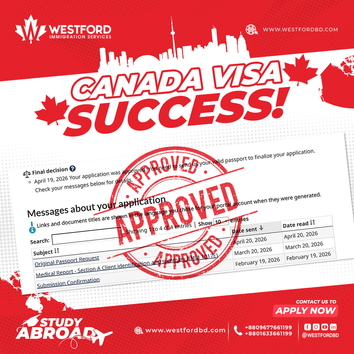 Westfordbd's tweet image. 🇨🇦 𝐒𝐎𝐖𝐏 𝐀𝐩𝐩𝐫𝐨𝐯𝐞𝐝 ❗
Congratulations to the family 👏

𝗣𝗹𝗮𝗻𝗻𝗶𝗻𝗴 𝐭𝐨 𝗦𝘁𝘂𝗱𝘆 𝗔𝗯𝗿𝗼𝗮𝗱❓
📩 Contact Us to 𝐀𝐩𝐩𝐥𝐲
📞 𝐂𝐚𝐥𝐥 𝐮𝐬: 09677661199, 01633661199

#westfordbd #rcicashiq #studyvisa #studyincanada #sowp #spouseopenworkpermit #familyvisa
