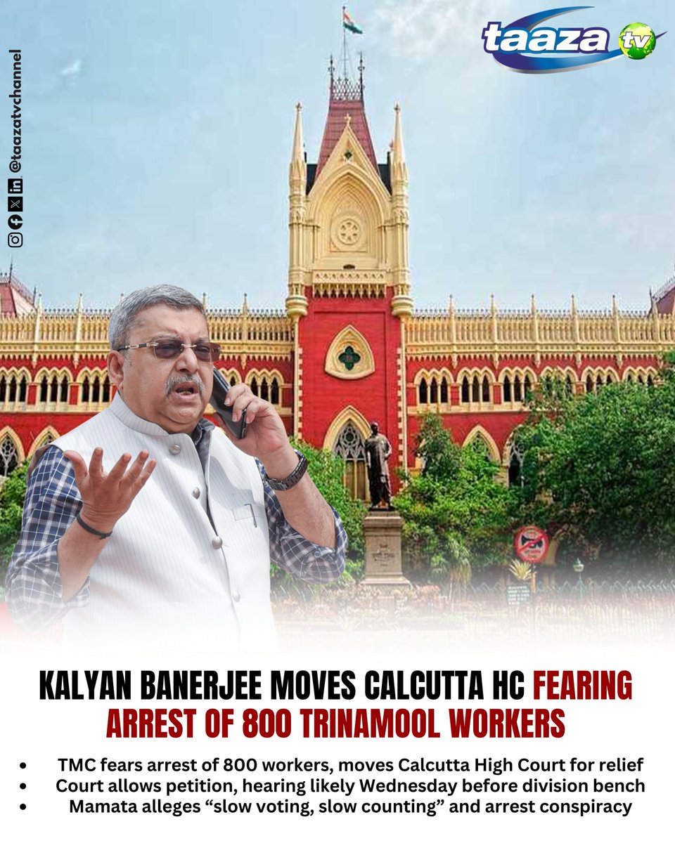taazatv's tweet image. Trinamool Congress has moved the Calcutta High Court fearing arrest of around 800 workers ahead of elections. The court has allowed the petition, with hearing expected Wednesday, amid allegations by Mamata Banerjee of a larger conspiracy.

@AITCofficial @KBanerjee_AITC