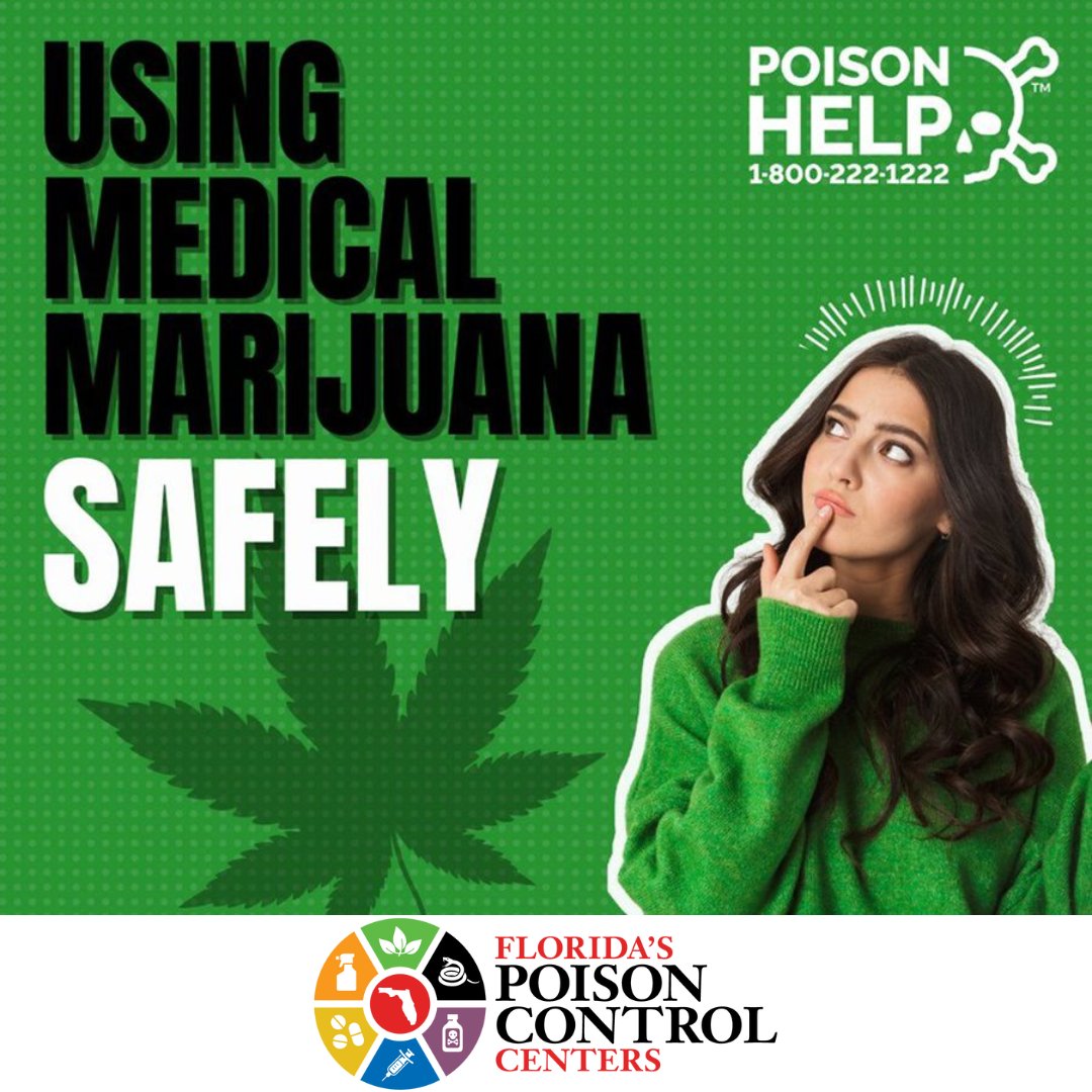 FloridaPoison's tweet image. On 4/20 day, we’d like to encourage all Floridians using medical #marijuana to be safe. Safely using means: following prescriber’s instructions, not making meds available to others and getting help for concerning symptoms.  Questions, call #Poison Help 1-800-222-1222.