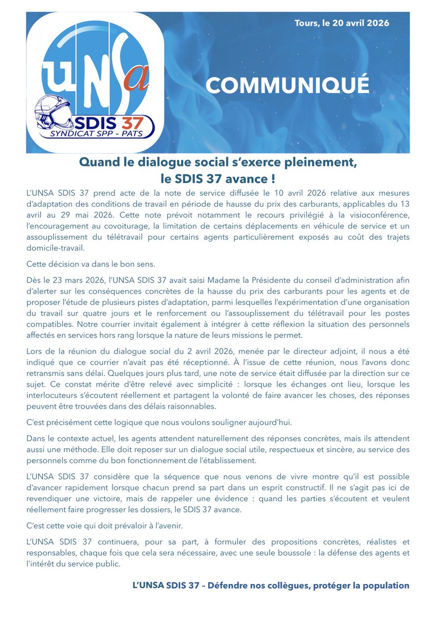 unsa_pompiers37's tweet image. 📢 𝐃𝐢𝐚𝐥𝐨𝐠𝐮𝐞 𝐬𝐨𝐜𝐢𝐚𝐥 𝐞𝐟𝐟𝐢𝐜𝐚𝐜𝐞 !

Alerte le 23 mars ➡️ mesures concrètes le 10 avril (télétravail, visio, covoiturage).

Quand on s’écoute, on avance. 💪

#SDIS37 #UNSA #teletravail
