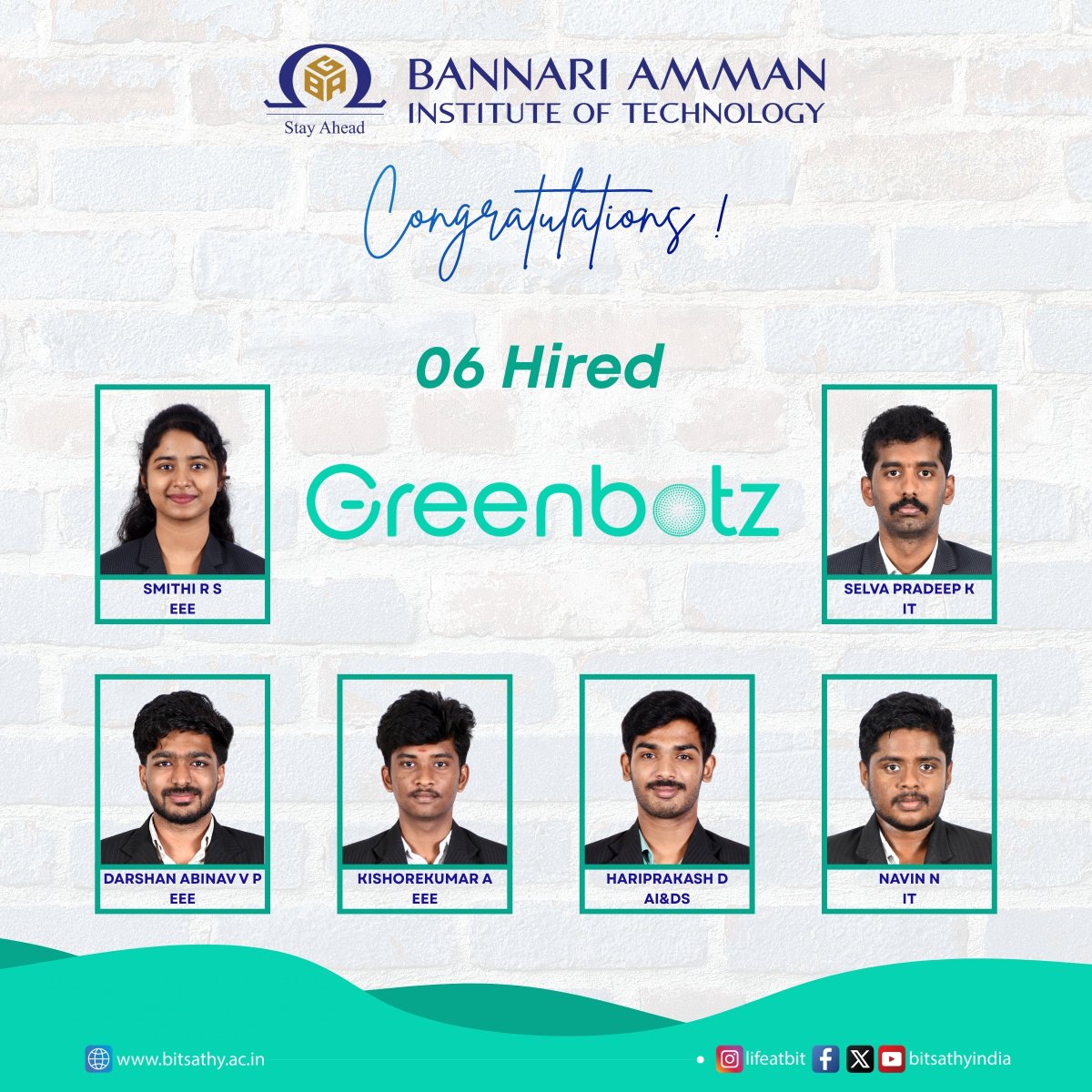 Proud moment! 🎉

6 students placed at Greenbotz 💼
Congratulations &amp; best wishes for your future! 🚀

#bitsathy #teambit #lifeatbit #Placements #Success