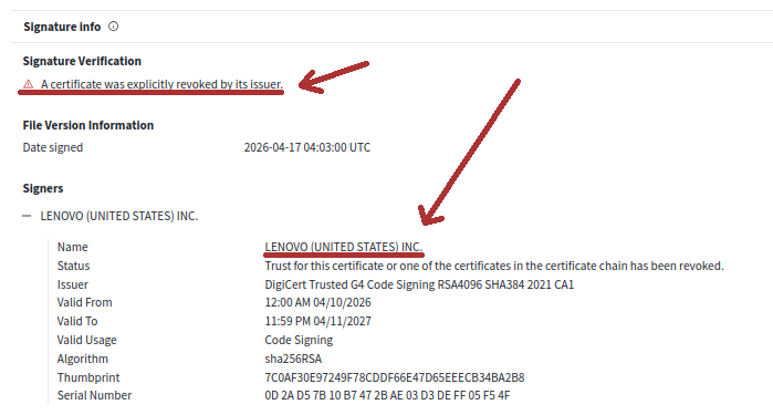 SquiblydooBlog's tweet photo. What do Lenovo, Kingston, Shuttle Inc, and Palit Microsystems have in common?

EV Certificates from these companies were issued and used by a Chinese crime group, #GoldenEyeDog (#APT-Q-27)!

Thanks @malwrhunterteam and @g0njxa for your contributions
1/7 https://t.co/8J2mdysl2X