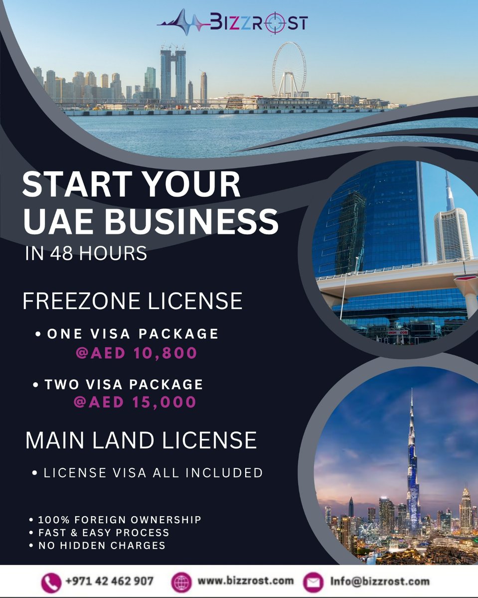 Bizzrost's tweet image. Been thinking about starting your UAE business but keep putting it off? 😄 It's easier than you think.
Contact us:
+971 58 847 7313
+971 42 462 907
#businesssetup #dubai #bizzrost #companyformationdubai #uaebusiness