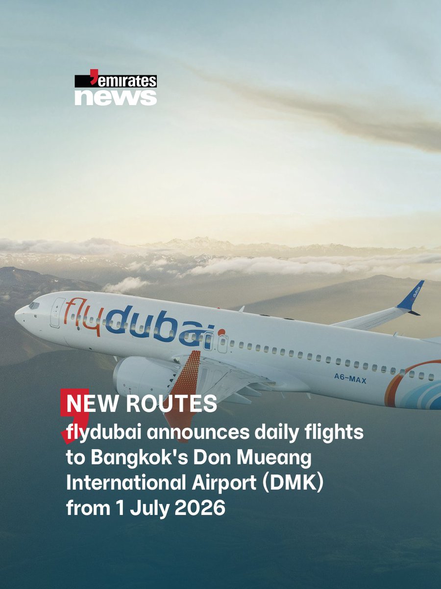 Emirates_News's tweet image. #flydubai has announced the launch of flights to a new destination in Bangkok from 1 July 2026. The carrier will operate daily from DXB's Terminal 3 to Don Mueang International Airport (DMK).

#EmiratesNews #DubaiOneTv #UAE #Dubai #News