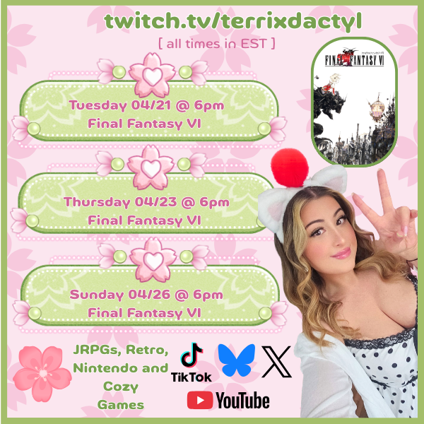 terridactylx's tweet image. This week's schedule, we are going to finish Final Fantasy VI 🥹 What an amazing journey it has been, the finale may be this Tuesday 😭. If I finish it then, our next game may be Zelda A Link to the Past or DKC1 🫶 #twitch #streamer #JRPGs #finalfantasy 

twitch.tv/terrixdactyl