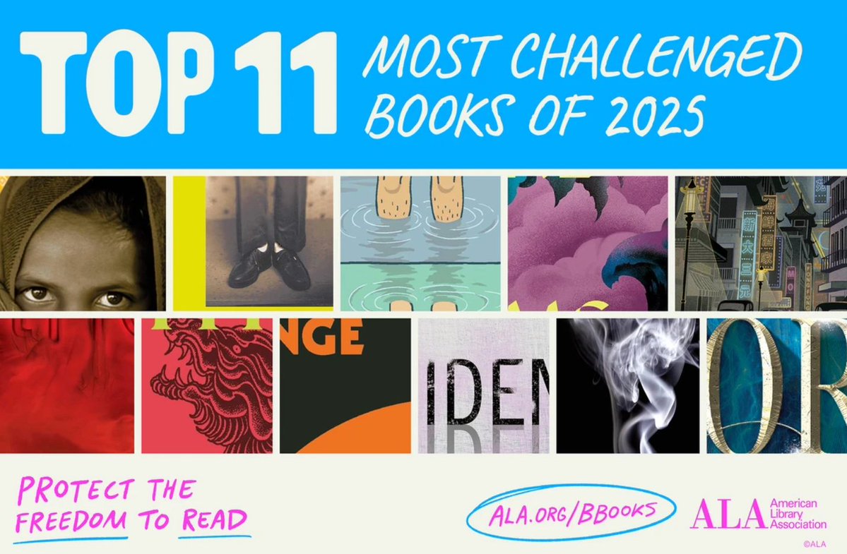 infodocket's tweet image. American Library Association (ALA) Releases List of Top 11 Most Challenged Books of 2025; Patricia McCormick’s “Sold”, Tops List infodocket.com/2026/04/20/ame… #books #libraries #bookbans