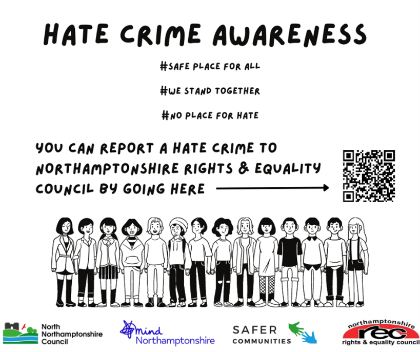 SaferCorby's tweet photo. We believe in promoting peace and unity. Hate crimes targeting any protected characteristic are unacceptable. If you've experienced hate crime, reach out to @voice or @NorthantsREC  for support. In an emergency, always dial 999. #EndHateCrime #UnityInProgress https://t.co/kO9nHNKncO