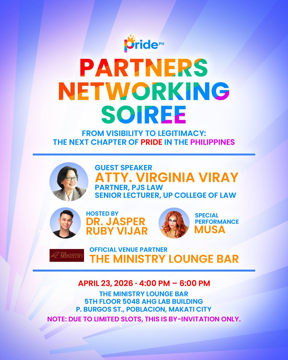 tfpridePH's tweet image. The Pride PH Partners Networking Soirée is a step forward in advancing inclusive partnerships and shared impact.

For sponsorship and partnership please email pridephsponsorships@gmail.com

Because progress happens when we move together. 
#InclusiveLeadership #AlliesInAction #DEI