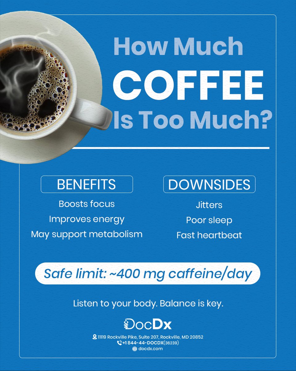 docdxhealth's tweet image. ☕ Love coffee? Keep it balanced.

Too much = jitters + poor sleep
Sweet spot ≈ 400 mg/day

👉 Listen to your body. Adjust your habits. Stay in control.

#Coffee #HealthTips #DocDx