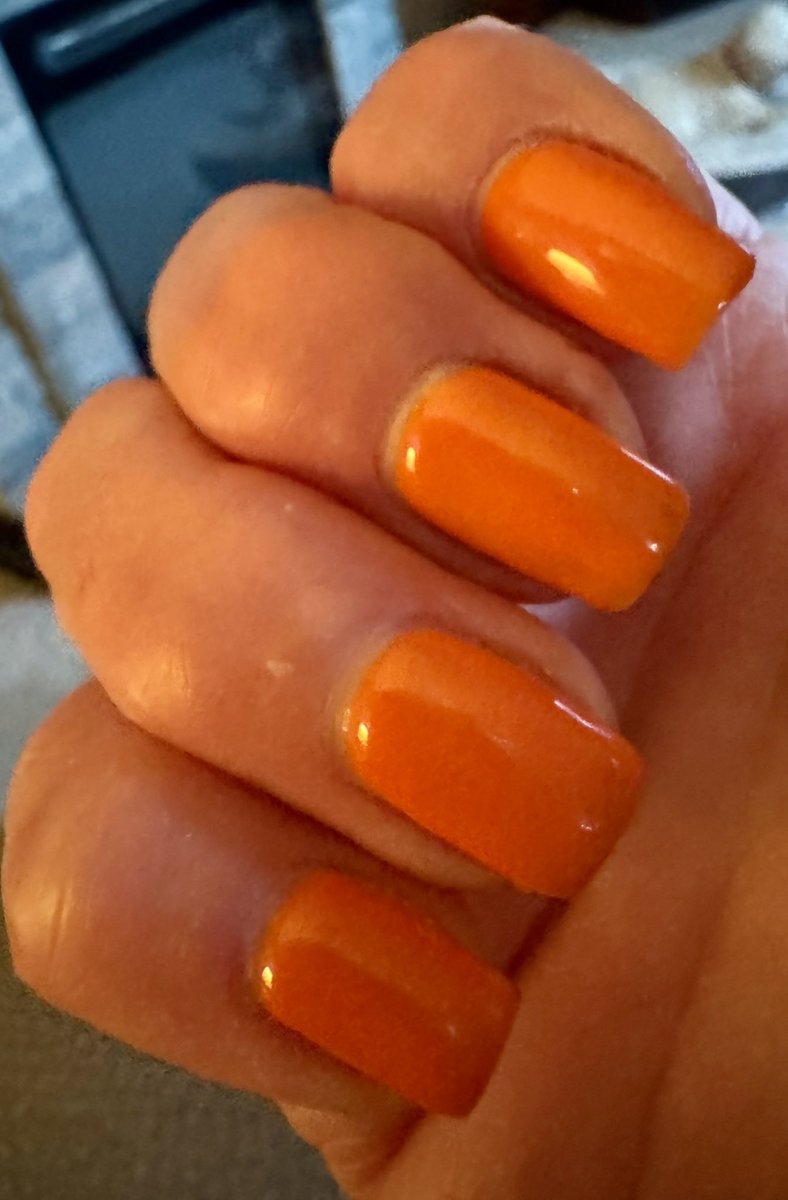 I was feeling orange tips this time
The nail tech wasn’t real attentive, he was distracted by two 15yo squirrels that were attempting to speak Chinese 🙄 But he finished with a hand massage &amp; all was forgiven 😌