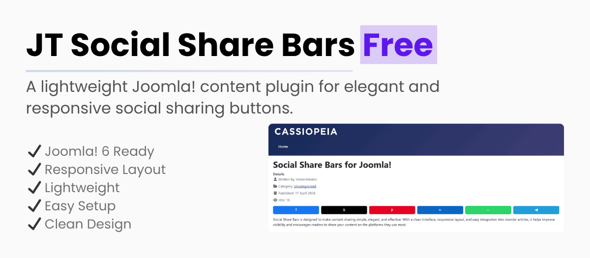 JED: Social Share Bars / #Joomla A lightweight #Joomla! content plugin that adds elegant and responsive social sharing buttons to your articles. Social Share Bars is a clean and flexible #Joomla! content plugin designed to add stylish social sharing... ppub.link/niqt5