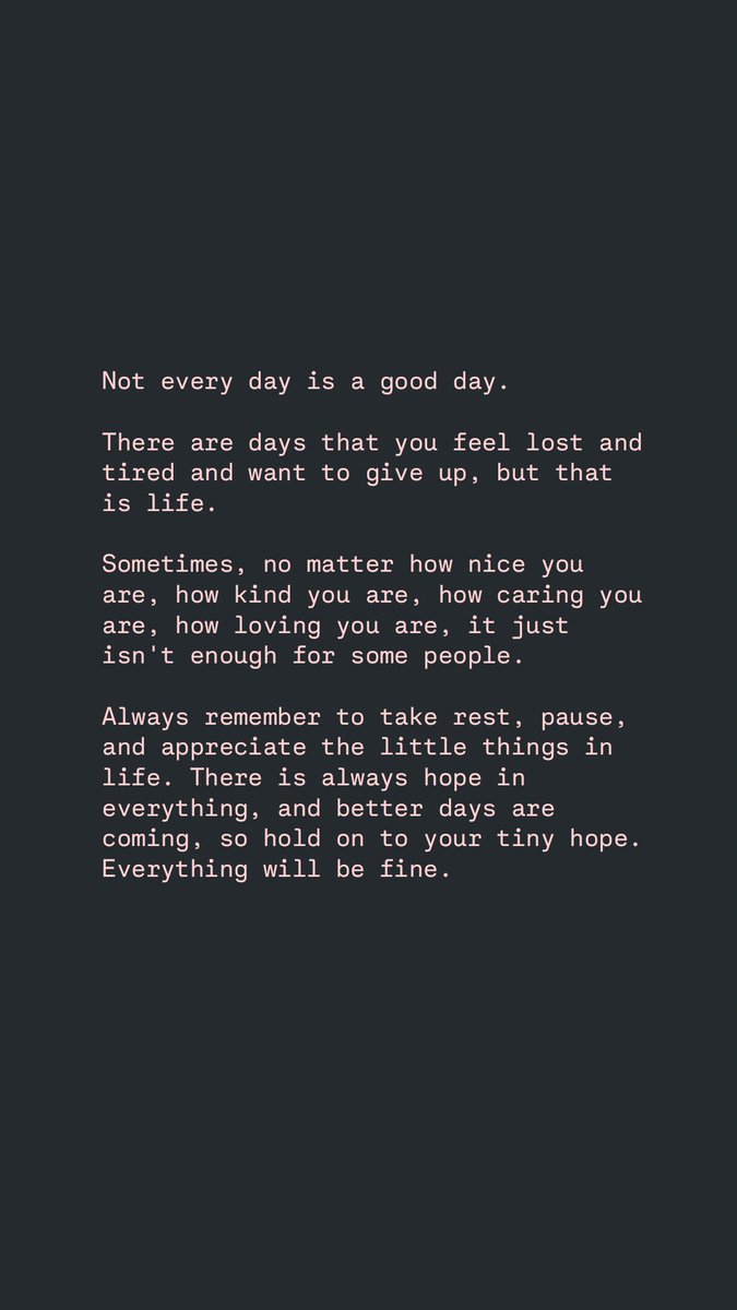 blue6babi's tweet image. You are not always strong every day. and that's okay. Sometimes you just have to breathe and rest. Take a pause for awhile and be vulnerable.
It's okay.
#everythingwillbeokay #breathandrest #PositiveMindset #bellathoughtss