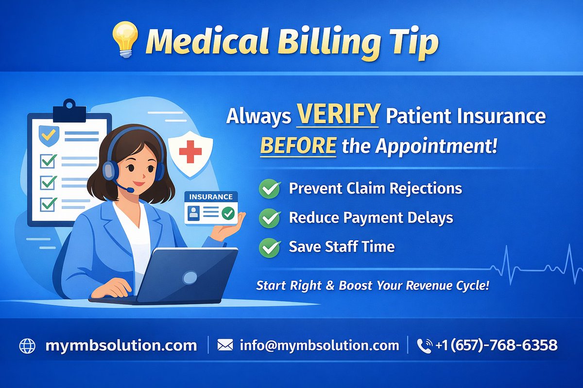 mymbsolution's tweet photo. Always verify patient insurance eligibility before the appointment.
Why?
✔ Prevents claim rejections
✔ Reduces delays in payment
✔ Saves staff time on corrections

https://t.co/NtoVRYtxrM
#medical #health #billing #medicalbilling #rcm #cptcode https://t.co/HDeFQfKxf1