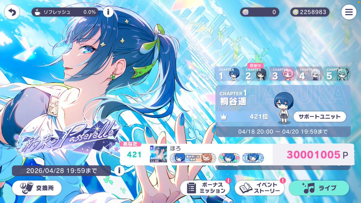 hope0421's tweet photo. 『約束のPasserelle』
【チャプター1】桐谷遥🍀
🐧421位  30,001,005 pt🐧

遥チャプターお疲れ様でした！
2日間辛かったけど楽しかったです！ありがとうございました！！ https://t.co/qq9mbWSJFg