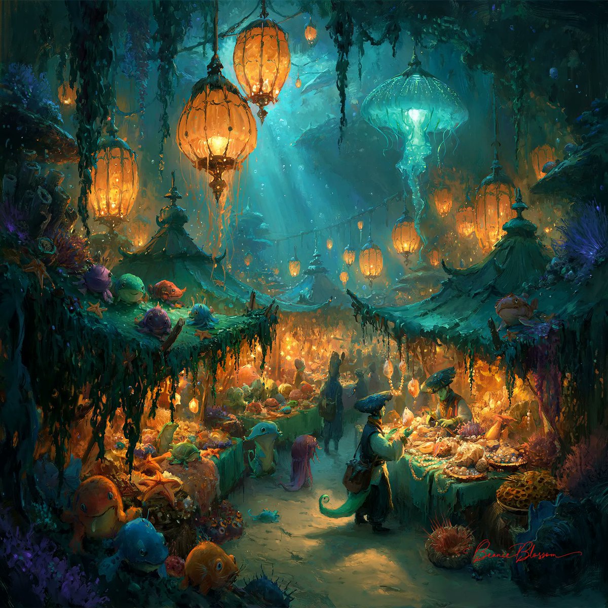 BeanieBlossom's tweet photo. Prompt: A bustling underwater market, colorful sea creatures browsing stalls draped in kelp and coral, lanterns made from glowing jellyfish, merchants trading shells and pearls, vibrant teal and gold tones, rendered in a dreamy painterly style, soft luminous glow, rich textured brushwork, impressionistic light and colour, whimsical yet lush

Feel free to join in :)

#AIArtWork #AIArt #AIArtists #AIArtCommunity #PromptShare