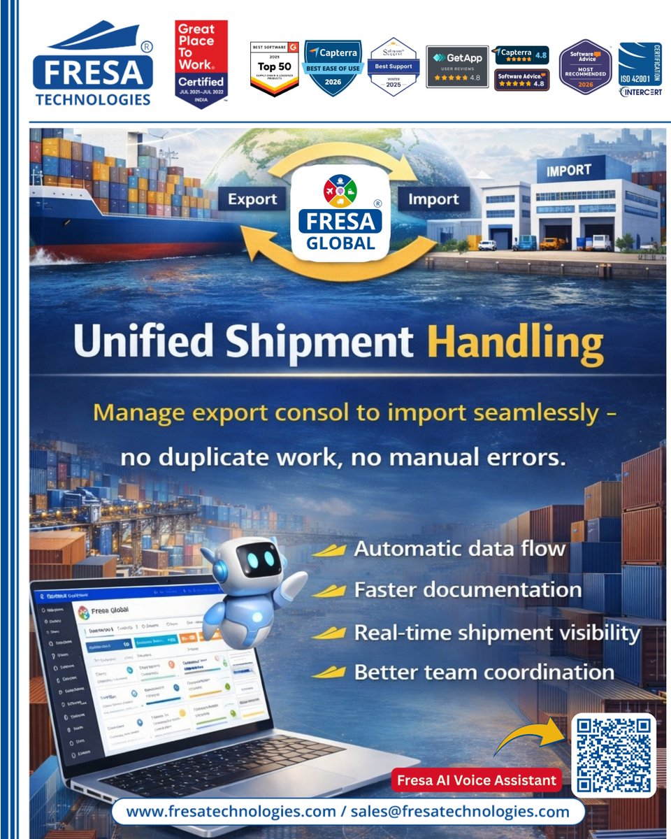 fresatechnology's tweet image. Unified Shipment Handling fresatechnologies.com/products/fresa…

🚀 Meet the Future of Freight Intelligence with Fresa Gold Voice Support!
chatgpt.com/g/g-69d0f9be4d…

#FresaGlobalERP #AIPoweredSoftware #FreightForwarding #LogisticsSolutions #SmartLogistics #LogisticsTech #SupplyChainSolutions