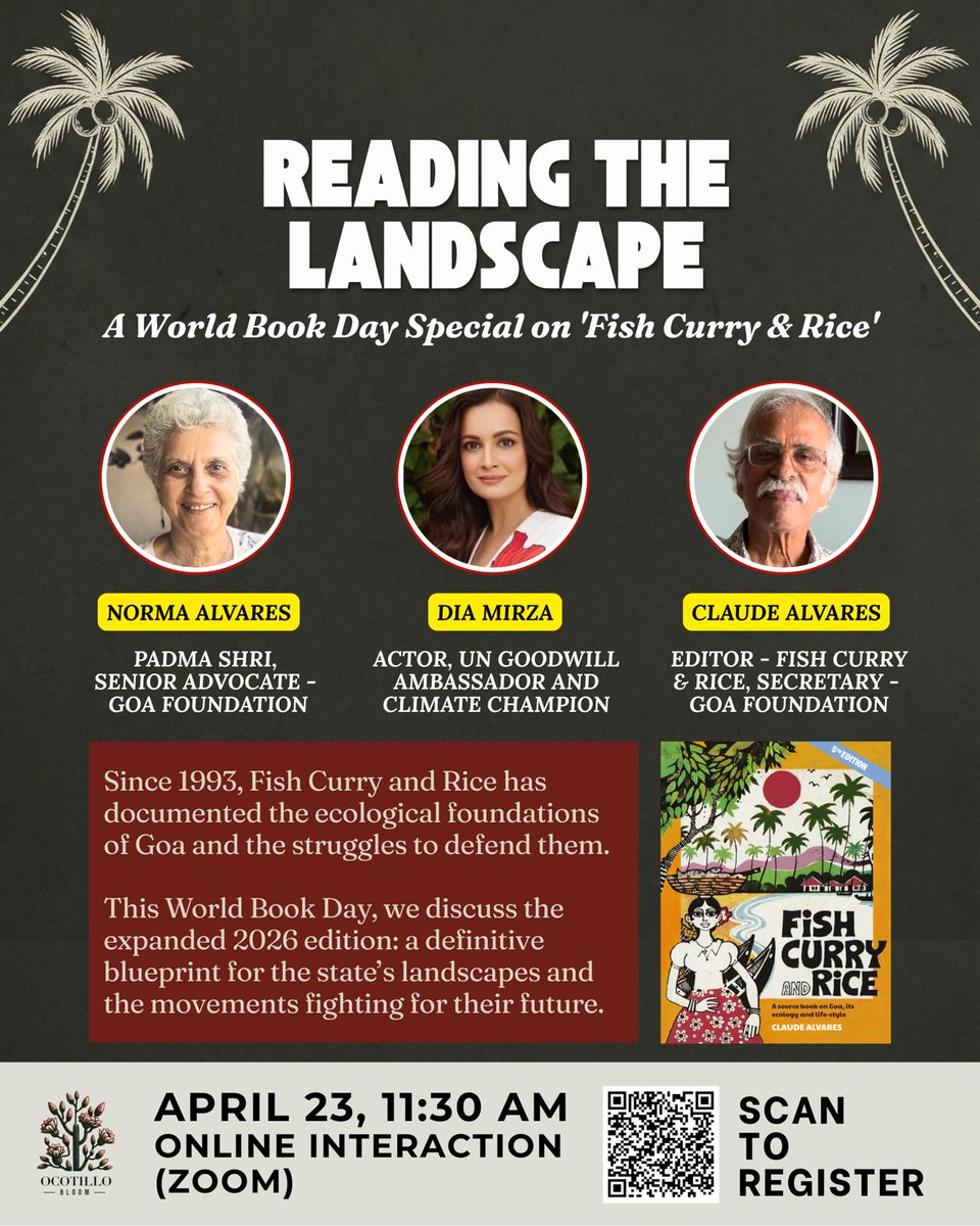 goafoundation's tweet photo. Dia Mirza @deespeak , Indian actress, wildlife lover, UN goodwill ambassador and climate champion, will lead the discussion on Goa's sensational publication, "Fish Curry and Rice", on 23rd April, 2026, 11:30am. You are welcome to register here
https://t.co/ll1SN7gOZ6 https://t.co/BGmvu5DRAJ