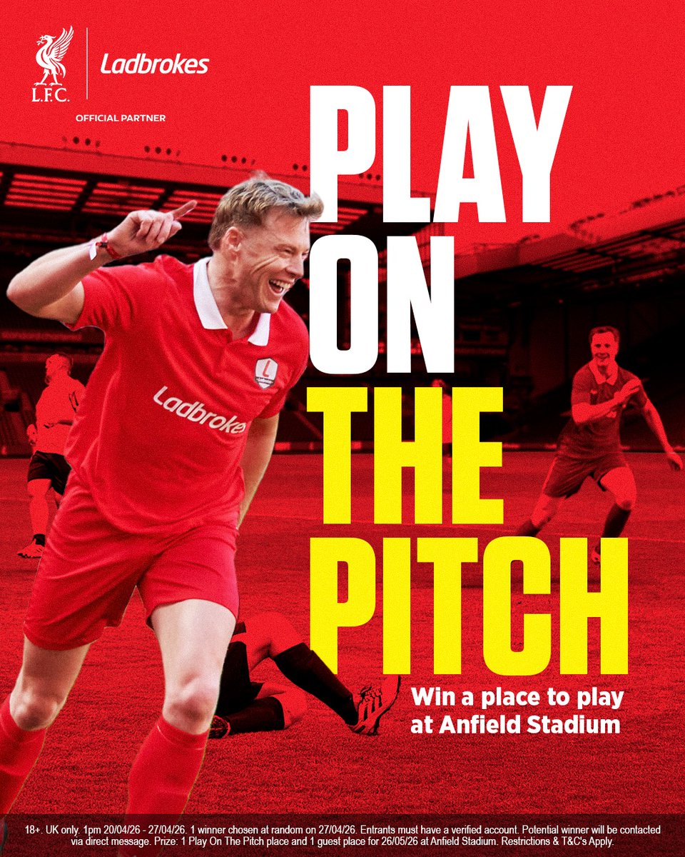 Ladbrokes's tweet photo. Play On The Pitch Giveaway 🚨

To be in with a chance to play at Anfield Stadium with Robbie Fowler and David James...

-Share + Like this post
-Follow @Ladbrokes
-Tag who you'd like to bring as a guest 

One eligible entrant will be selected at random to play on May 26th!

@LFC