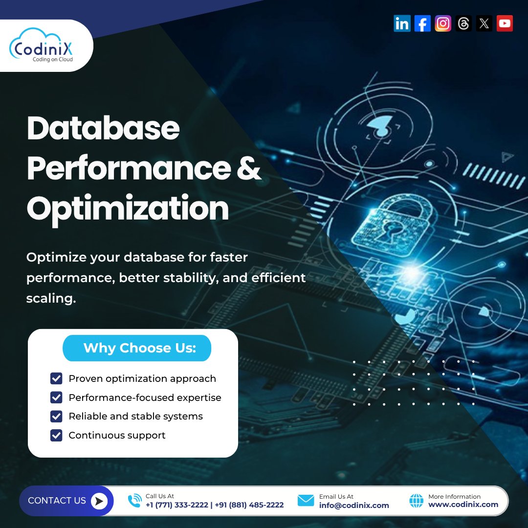 CodinixC's tweet image. Database Performance &amp;amp; Optimization by Codinix Technologies for faster, reliable systems.

✔ Faster response
✔ Better stability
✔ Handles growth

Call us: +1 (771) 333-2222, +91 (881) 485-2222
Mail us: info@codinix.com
Visit us: codinix.com/services/datab…

#database #ITConsulting