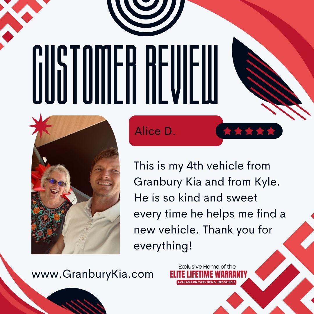 We greatly appreciate your business and your great review.  If there is anything you need, please don't hesitate to let us know! #HappyCustomers #GranburyKia GranburyKia.com