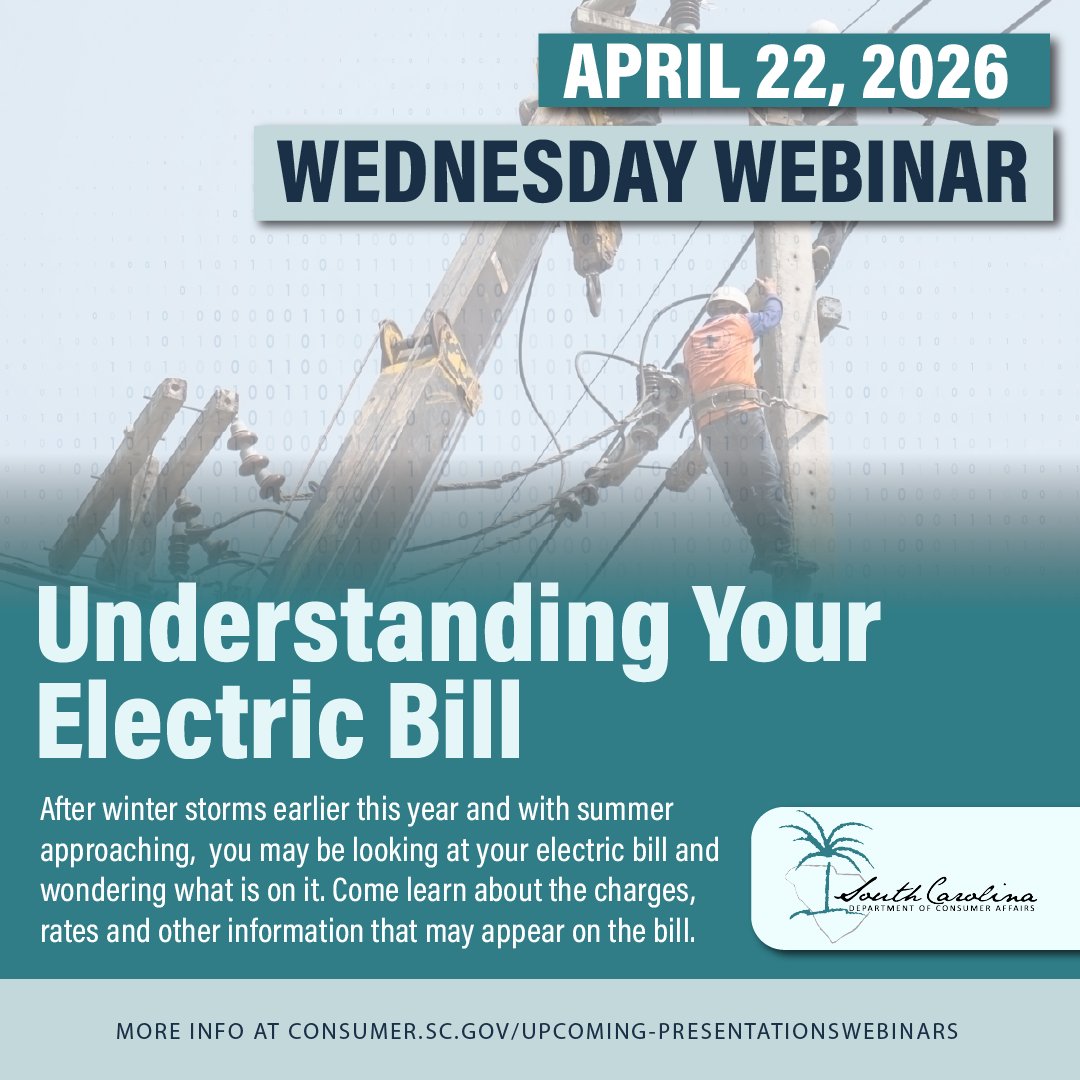 SCDCA's tweet image. After winter storms earlier this year and with summer approaching, you may be looking at your 
#electric bill and wondering what is on it. Come learn about the charges, rates and other information that may appear on the bill.
Register at: consumer.sc.gov/upcoming-prese…

#scdca #webinar