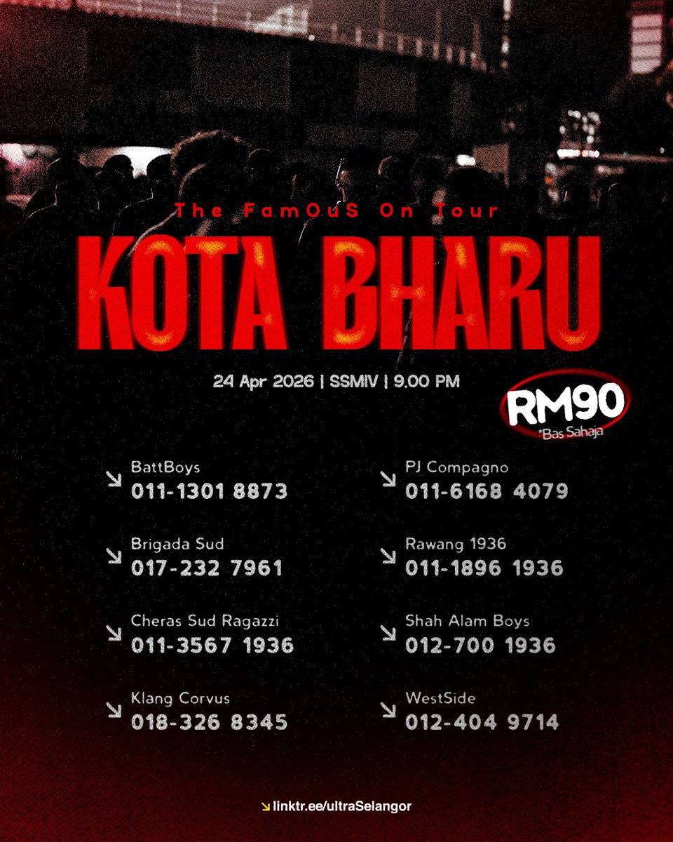 Panggilan untuk Awayday terakhir musim 2025-2026 ❗️

Rujuk PIC sub berdekatan atau tekan pautan ni ;
linktr.ee/ultraSelangor

Booking seat anda ke Kota Bharu mari !

#MentalitiJuara
#KembalikanBolasepakKepadaRakyat