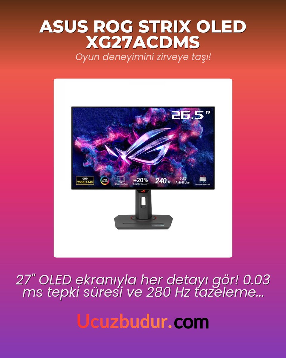 Ucuzbudur's tweet image. ASUS ROG STRIX OLED XG27ACDMS
Oyun deneyimini zirveye taşı!
Hemen Al : ucuzbudur.com/asus-rog-strix…
#ASUS #GamingMonitor #OyuncuEkipmanları #OLED #Teknoloji