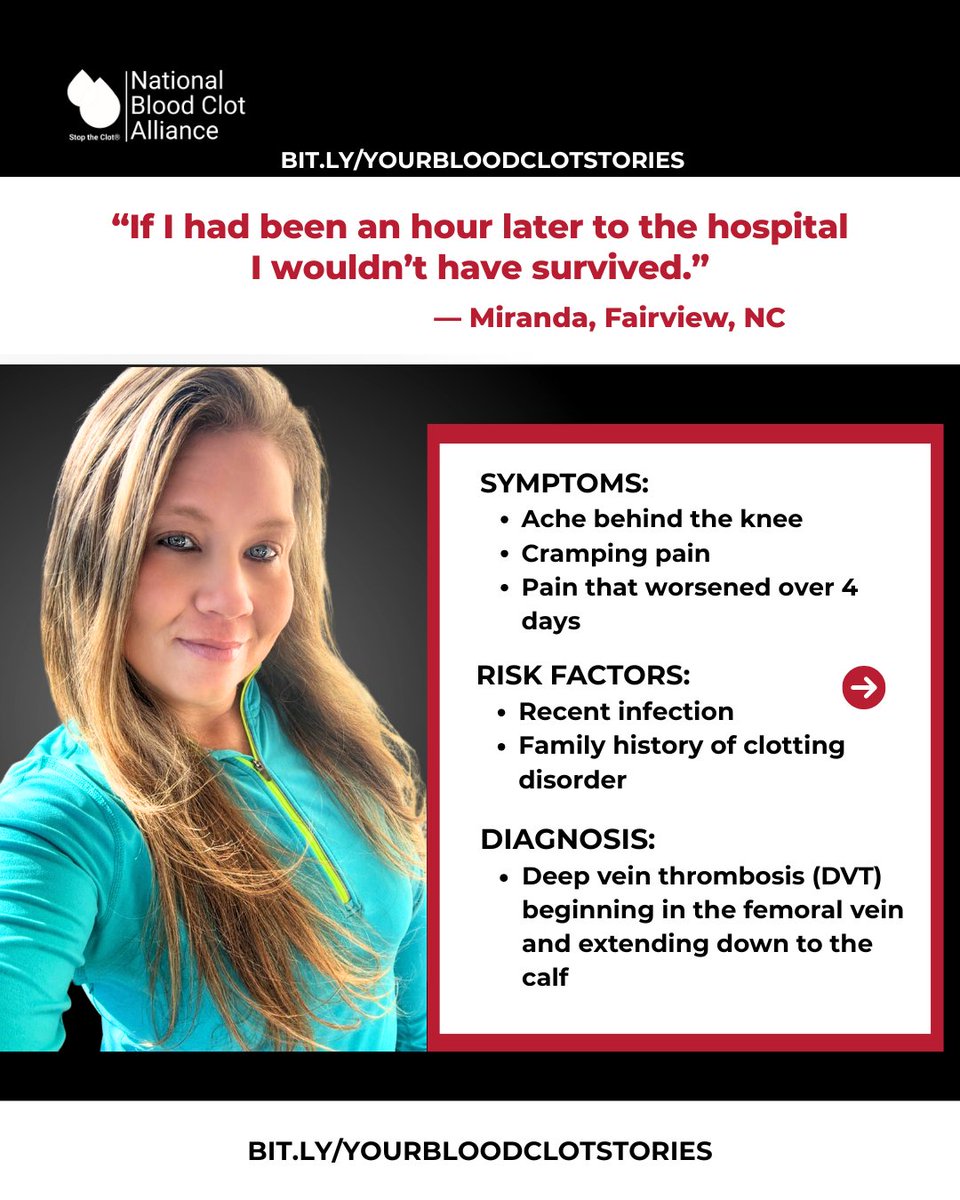 StopTheClot's tweet image. She nearly skipped the ER for a hair appointment.

Thankfully, she didn’t.

What seemed like a pulled muscle was actually a life-threatening DVT.

Know the symptoms. Listen to your body.

Thank you for sharing your story, Miranda.

#StopTheClot #DVT #BloodClots