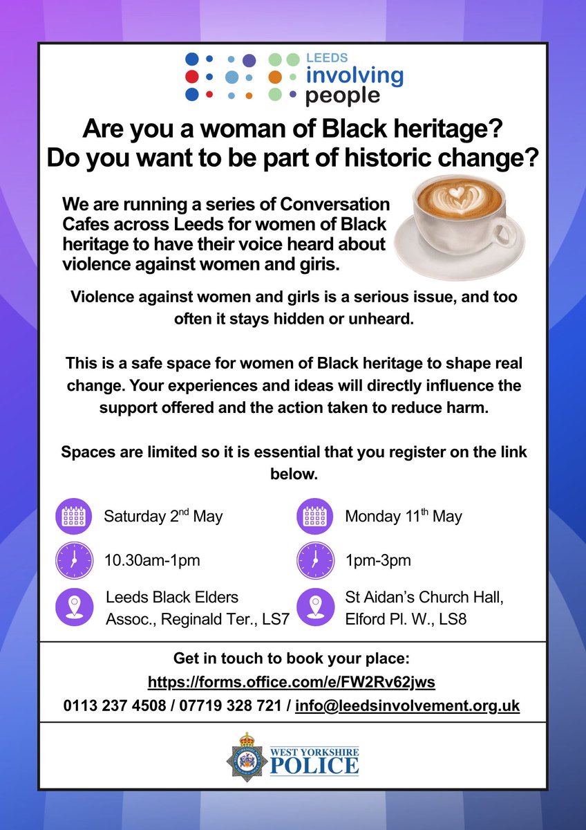 InvolvingYou's tweet photo. Are you a woman of Black heritage in Leeds?

Join our Conversation Cafés to share your experiences and help shape real change.

📅 Sat 2nd May | 10:30am–1pm
📍 LBEA, LS7
📅 Mon 11th May | 1pm–3pm
📍 St Aidan’s, LS8
⚠️ Booking is essential
👉 https://t.co/IAszW2JDvM

Please share! https://t.co/4civOycipX