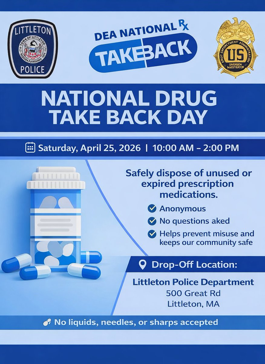 LittletonMAPD's tweet photo. Drug Take Back Day is on Saturday, April 25, 10AM-2PM at the Littleton Police Station #drugtakebackday
Littleton Elder and Human Services Department/The COA https://t.co/Ajux3ZRcGk