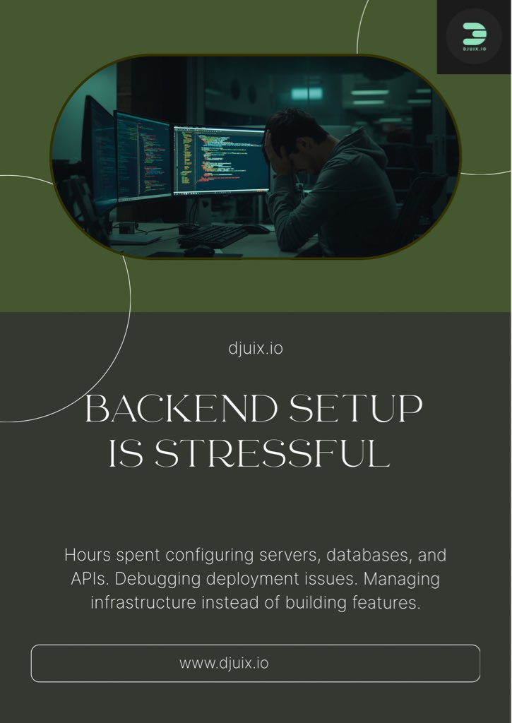 emicraft_tech's tweet photo. Building should feel exciting  not exhausting.

If backend setup is slowing you down with servers, databases, and deployment stress, Djuix is here to simplify the journey.

Create faster. Launch smarter. Scale easier.

Get started now:https://t.co/b7BpHmvc6N 

#Djuix #BuildWithDjuix #BackendSetup