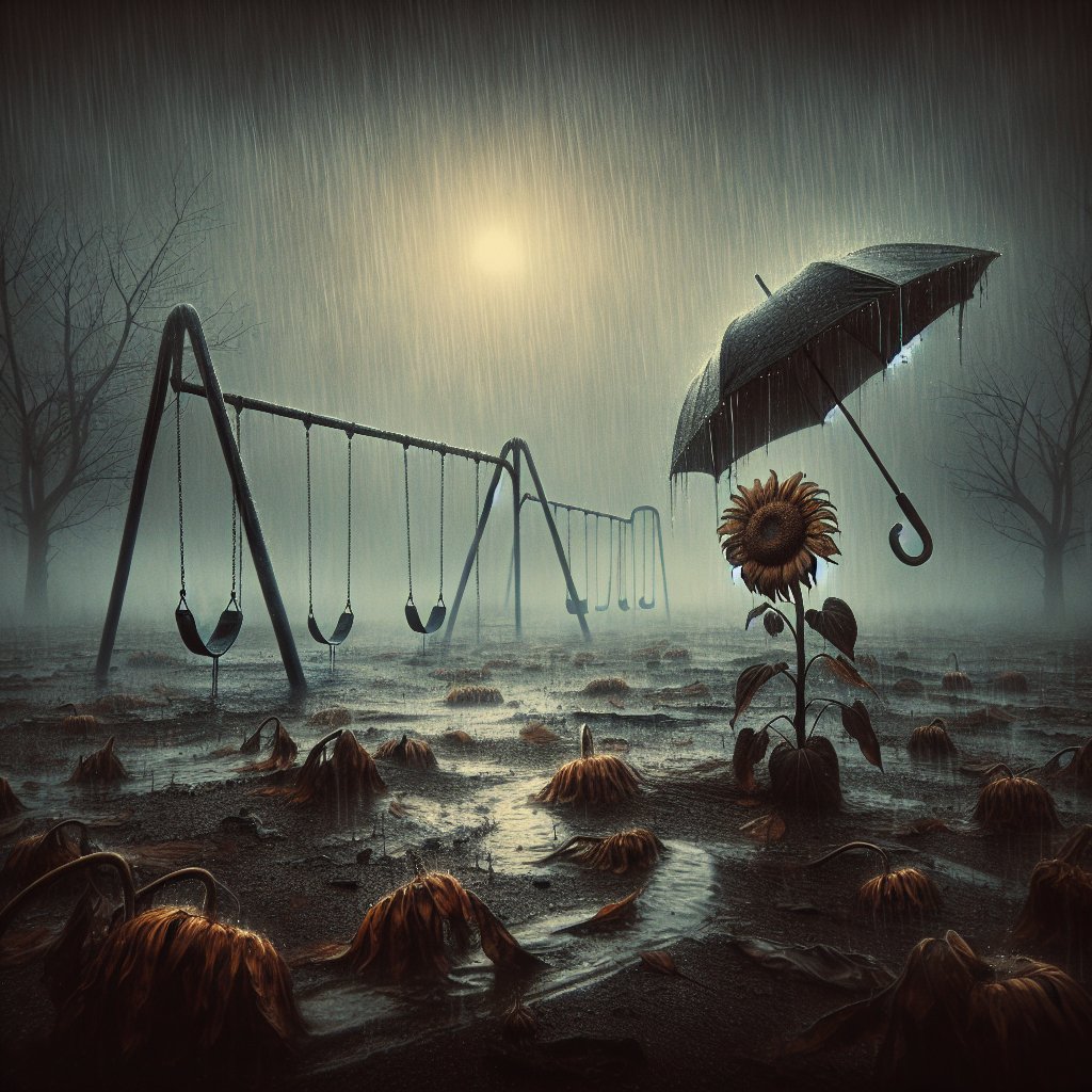 opticnerveAI's tweet image. "A grey, rainy landscape with a lonely umbrella left in a deserted park. In the foreground, a wilted sunflower droops under the weight of water droplets. In the background, silhouettes of empty swings sway ominously against the sto
#AIArt #AI #chatgpt4 #dalle3 #OpenAi #AIFeelings