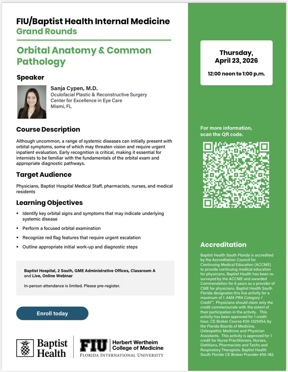 TrinaCS7's tweet photo. 👁️ Orbital symptoms can signal serious systemic disease.
Join @FIUMedicine /@BHAcademics Grand Rounds: Orbital Anatomy &amp; Common Pathology 🗓 Apr 23 | ⏰ 12–1 PM
High-yield, practical, and clinically relevant.
Register now via QR code
#MedEd #IMResidency #HospitalMed
#GME #CME https://t.co/aUCCnl4Irq