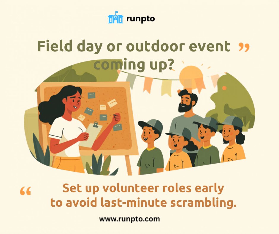 runpto's tweet image. 📦 Field day or outdoor event coming up?
Set up volunteer roles early to avoid last-minute scrambling.
 #PTA #PTO #BoosterClub #PTAManagement #PTOManagement