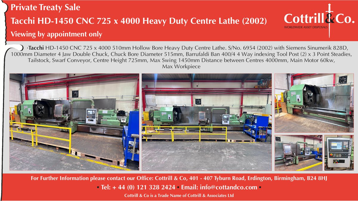 Cottrill_and_Co's tweet image. Tacchi HD-1450 CNC 725 x 4000 510mm Hollow Bore Heavy Duty Centre Lathe. S/No. 6954 (2002) #cnc #EngineeringUK #engineering #ukmfg #usedmachines #manufacturinguk #manufacturing 

Link to Auction: cottandco.com/en/lots/auctio…