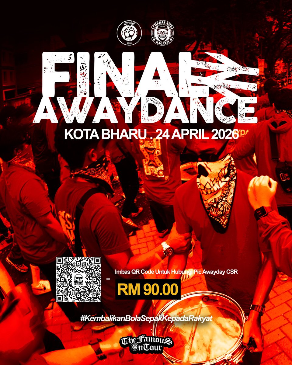 FINAL AWAYDANCE KOTA BHARU. 

Away terakhir Musim 25/26 ni adalah JUMAAT ini!

Jom naik bas sama-sama gerak ke Kota Bharu. Harga bas RM 90 seorang. 

Join Awaydance terakhir, roger terus PIC kat linktr.ee/CherasSudRagaz… atau scan QR kod poster!

#KembalikanBolaSepakKepadaRakyat