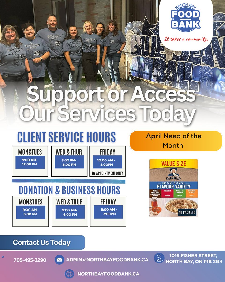 nbfoodbank's tweet image. Client service hours and donation drop-off times for April!

🥣 April: Instant Oatmeal

Have questions about accessing our services or making a donation? We’re here for you.

📞 705-495-3290 ✉️ admin@northbayfoodbank.ca 🌐 northbayfoodbank.ca

#northbay #northernontario