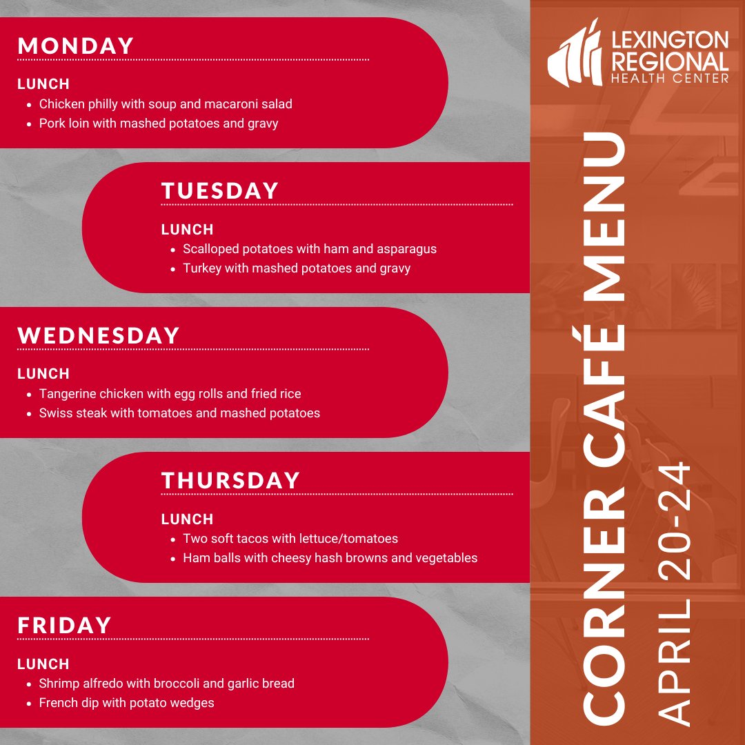 lexrhc's tweet image. 🍴 Hungry for something delicious?
Take a peek at what’s on the menu this week at the Corner Café. Come hungry, leave happy! The Corner Café is located in the center of the hospital, feel free to use either entrance to enter!
#menu #food #yummy #hospital #delicious