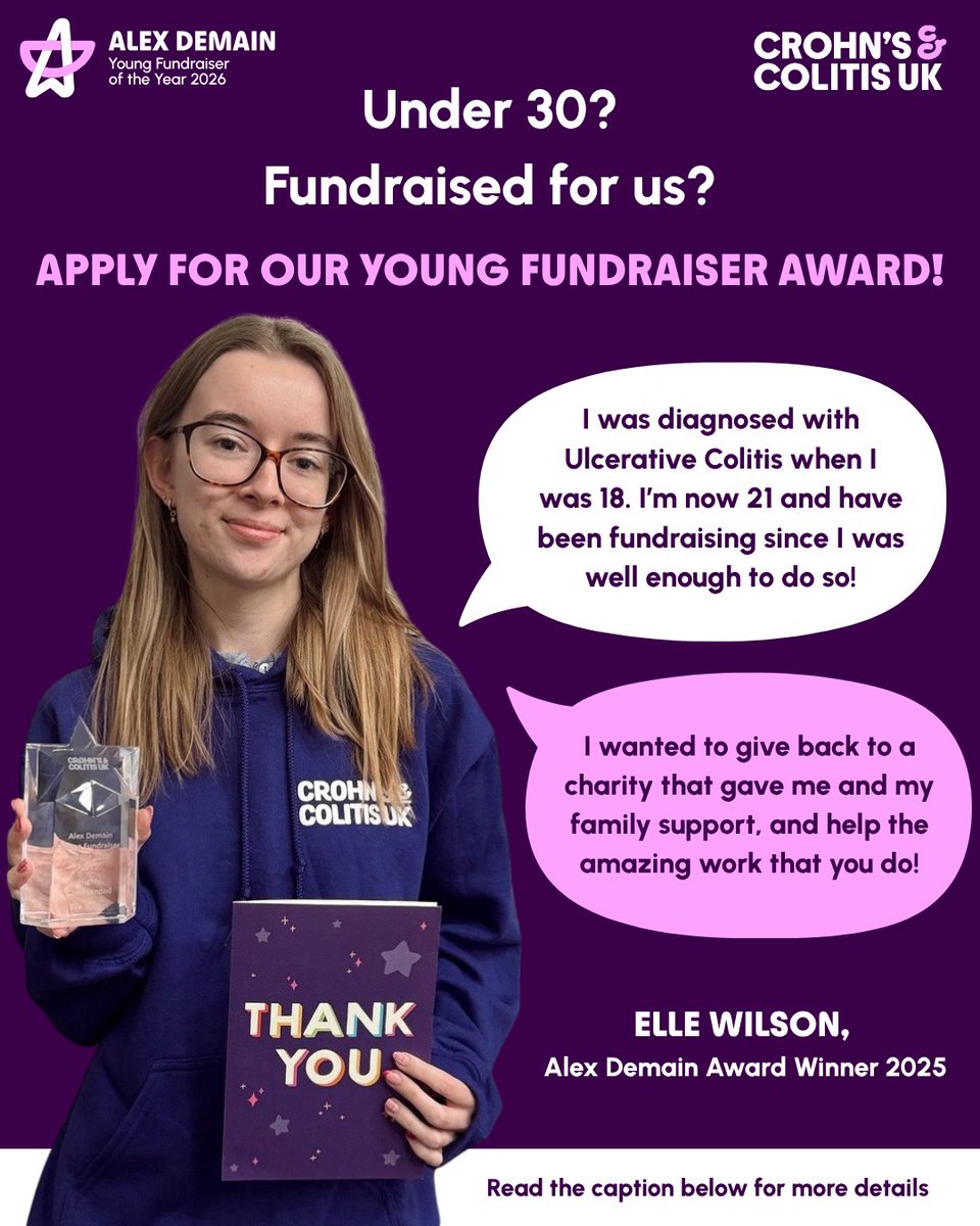 CrohnsColitisUK's tweet image. Have you or someone you know been fundraising for Crohn's &amp;amp; Colitis UK? Why not nominate them for the Alex Demain Young Fundraiser of the Year Awards and celebrate our inspiring young fundraisers?

Find out more below:
forms.office.com/Pages/Response…

#AlexDemain #Crohns #Colitis