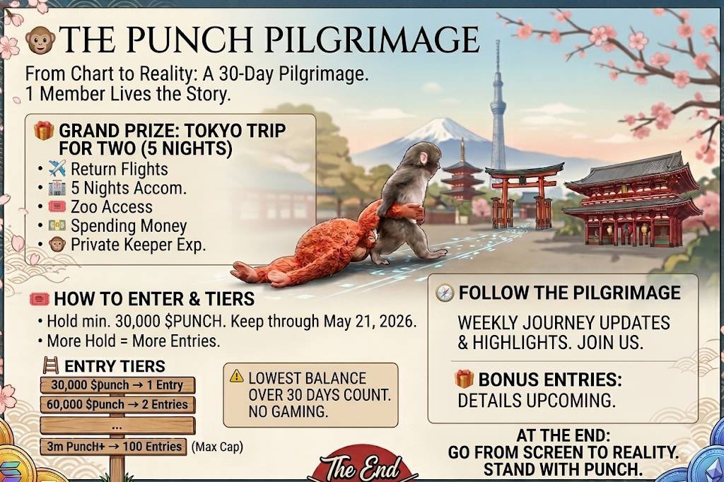 🐒 THE PUNCH PILGRIMAGE 🐒

From the chart… to real life.

This isn’t just another meme campaign.
This is a 30-day journey — and one member of the $PUNCH community will live the ending.

⸻

For the next 30 days, we’re inviting the community to take part in something bigger than